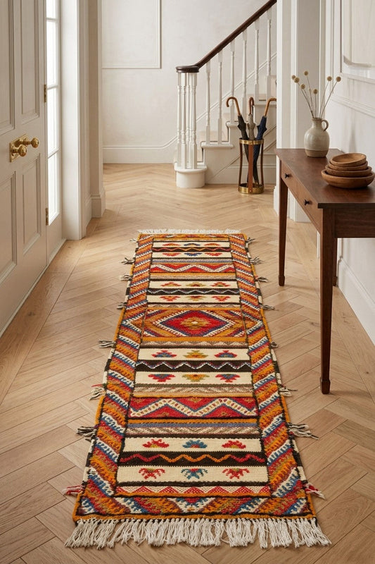 A long, narrow woven runner Glaoui Moroccan rug with fringe ends is displayed on a light wood herringbone floor in a bright hallway. The rug features a colorful Southwestern geometric pattern with red, orange, yellow, blue, and cream stripes and diamond motifs.