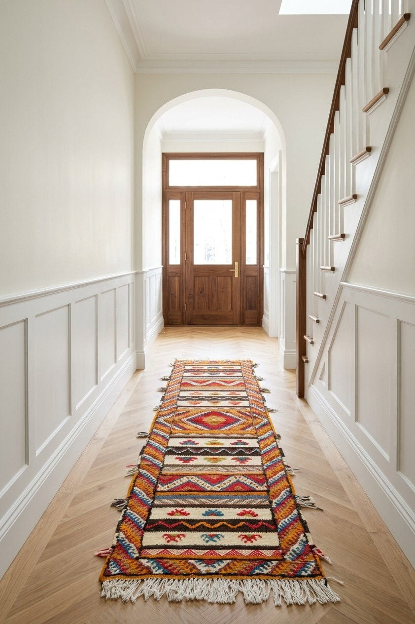 A long, colorful patterned Glaoui runner rug from Morocco with fringe is displayed on a light wood floor in a bright hallway with white wainscoting, a wooden staircase on the right, and a wooden front door at the end.