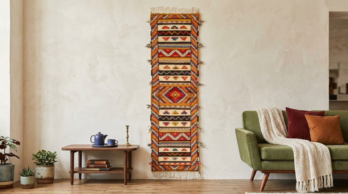 A tall, narrow woven wall rug hanging with geometric tribal-style patterns in orange, red, beige, and black hangs on a cream wall in a styled living room with a green sofa and side table.