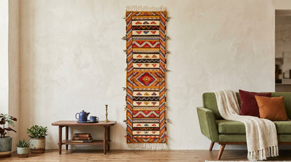 A tall, narrow woven wall rug hanging with geometric tribal-style patterns in orange, red, beige, and black hangs on a cream wall in a styled living room with a green sofa and side table.