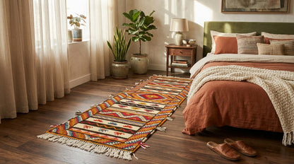 A long rectangular woven runner rug with fringe and geometric patterns in rust, orange, cream, and brown tones, styled on a dark wood floor in a warm, sunlit bedroom next to a bed.