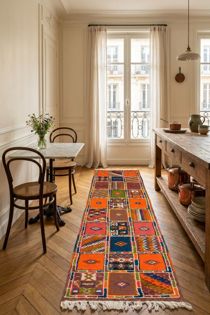 A long, colorful patchwork-style runner rug with white fringe is displayed in a bright, classic Parisian dining room with wooden floors, a table, chairs, and a wooden counter.