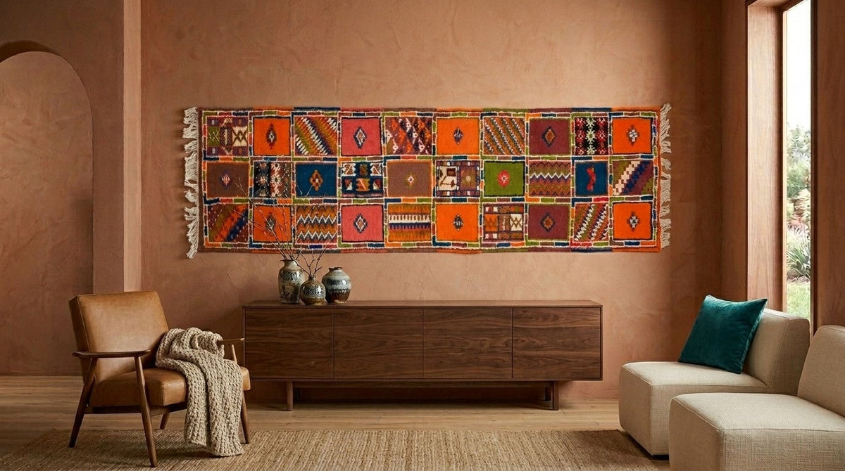A large rectangular multicolor patchwork wall hanging with fringed edges is displayed in a warm, modern living room above a dark wood sideboard. The textile features many square panels in orange, red, blue, green, black, and cream with geometric and tribal-style patterns.