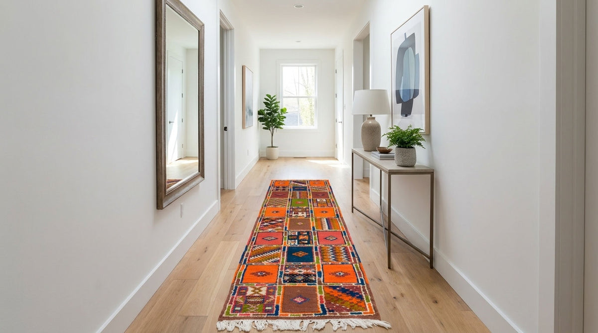 A long rectangular runner rug with a colorful geometric kilim pattern is displayed on a light wood hallway floor. The rug features orange, red, blue, and yellow motifs with white fringe at the ends.
