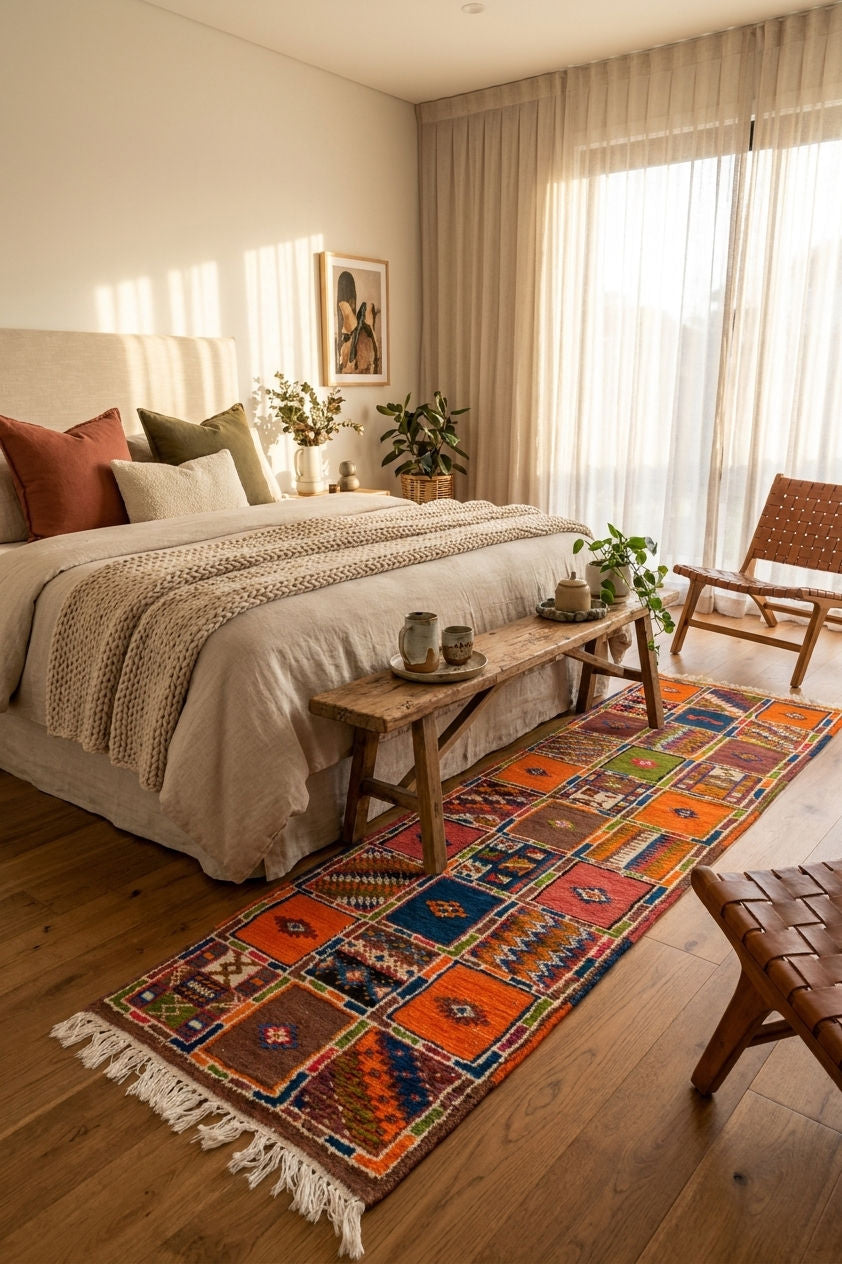 A colorful patchwork-style area rug with fringe is styled on a wooden floor in a warm, sunlit bedroom. The rug features a grid of geometric and tribal-inspired squares in orange, blue, red, brown, and cream.