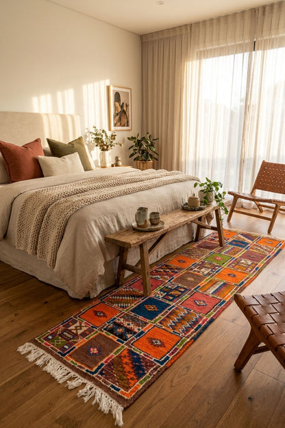 A colorful patchwork-style area rug with fringe is styled on a wooden floor in a warm, sunlit bedroom. The rug features a grid of geometric and tribal-inspired squares in orange, blue, red, brown, and cream.