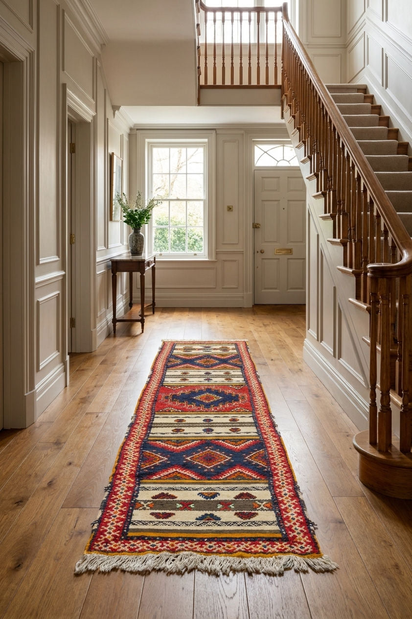 A long rectangular area rug with a colorful geometric tribal pattern in red, blue, beige, and cream, laid out on a hardwood floor in a bright, elegant staircase hallway.