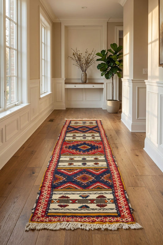 A long patterned runner rug with fringe ends is displayed on a hardwood floor in a bright, elegant hallway with white walls, windows, and a console table.