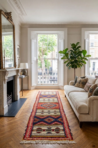 A long, colorful patterned area rug with fringe is displayed on a wooden parquet floor in a bright, modern living room with a cream sofa, fireplace, and large windows.