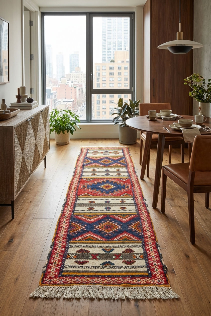 A long rectangular woven runner rug with geometric patterns in red, blue, beige, and cream, styled on a light wood floor in a modern dining room setting.