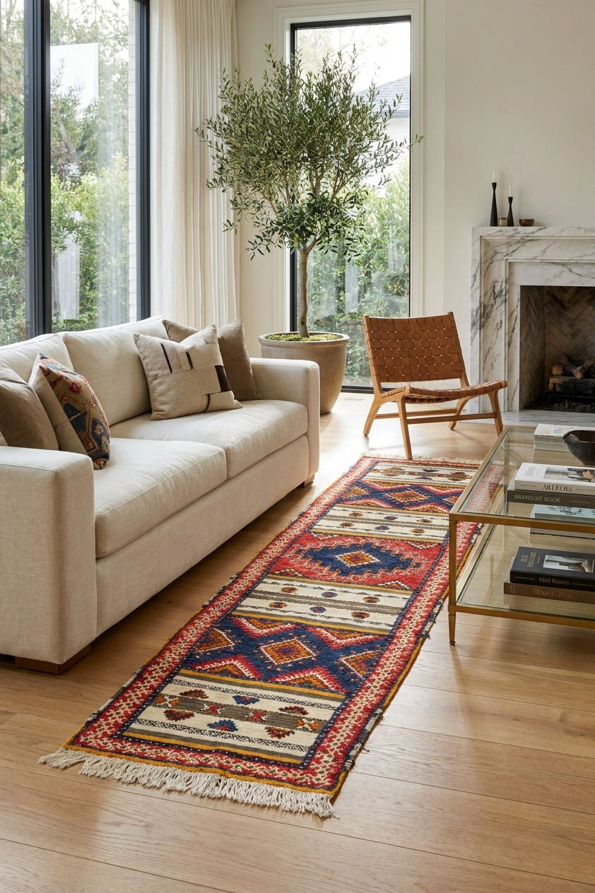A long, rectangular tribal-style runner rug with red, blue, beige, and white geometric patterns and fringe, styled on a light wood floor in a bright, modern living room next to a cream sofa and a glass coffee table.