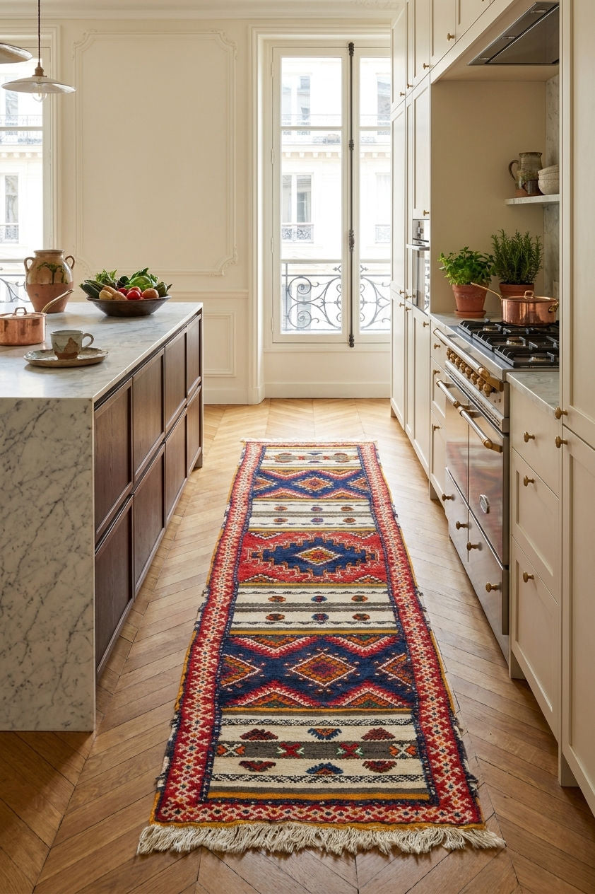 A long, narrow geometric patterned runner rug in red, blue, beige, and cream is displayed on a light wood herringbone floor in a bright, modern kitchen.
