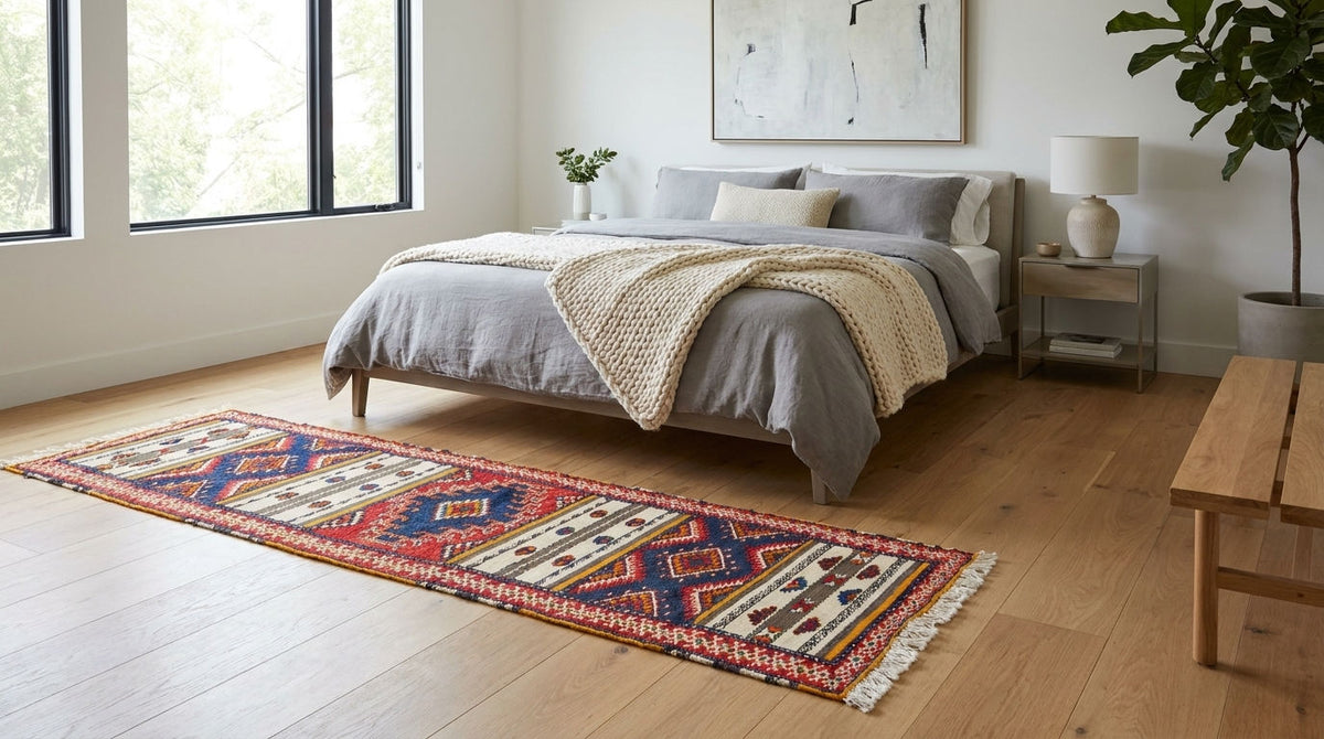 A long rectangular area rug with a colorful geometric tribal pattern in red, blue, beige, and white, styled on a light wood floor in a modern bedroom setting.