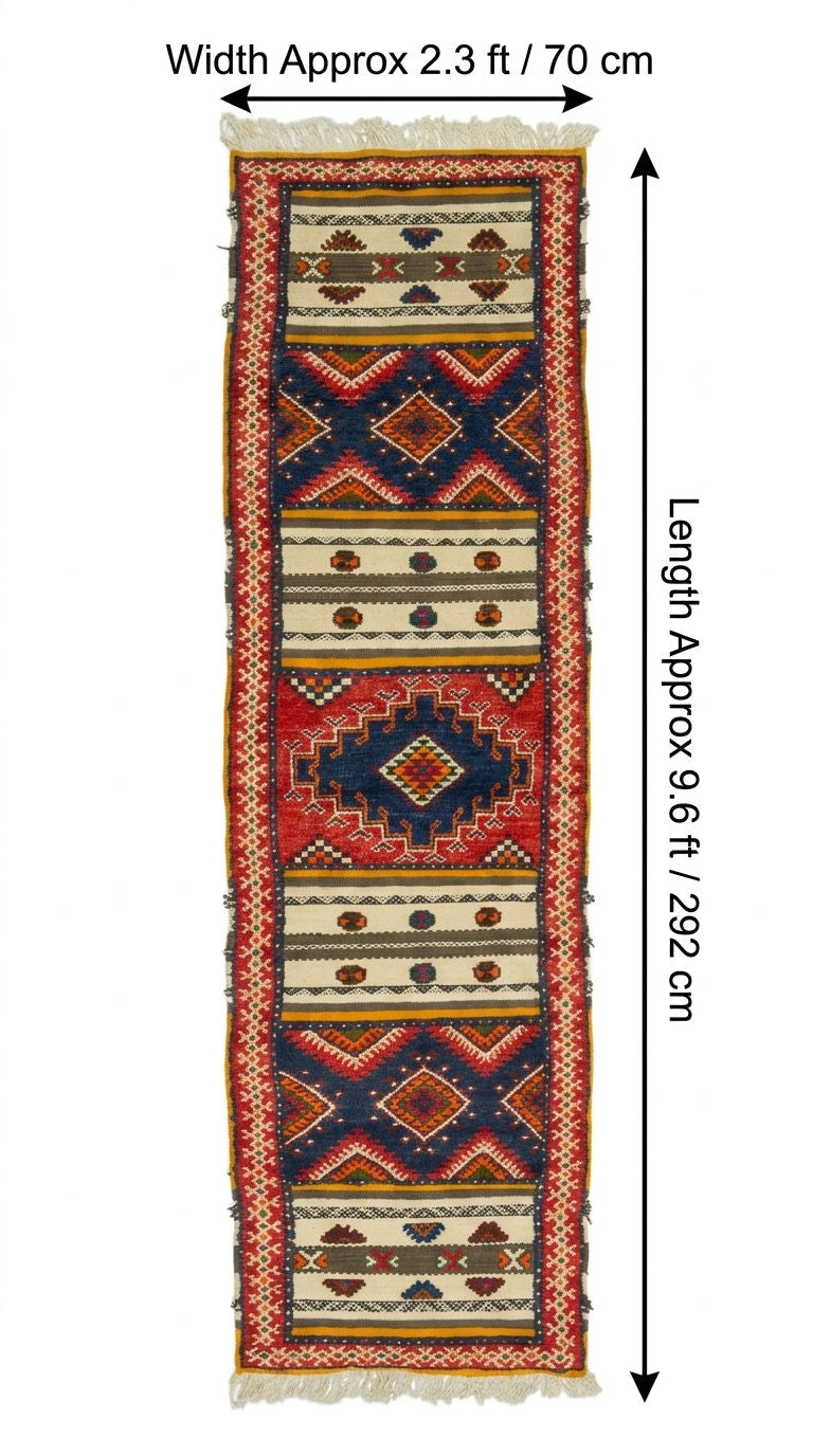 A long narrow patterned runner rug shown vertically on a white background, with measurement arrows.