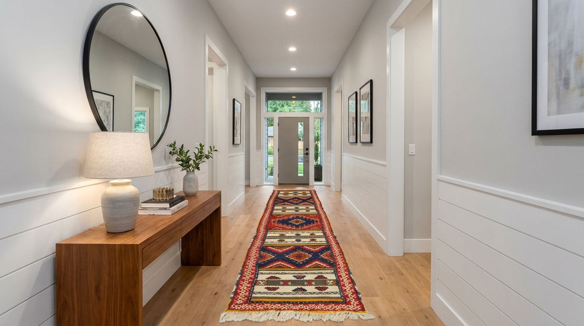 A long hallway with light wood floors and white walls, featuring a colorful geometric runner rug laid down the center. On the left, a wooden console table holds a white table lamp and a small vase with greenery, beneath a large round black-framed mirror.