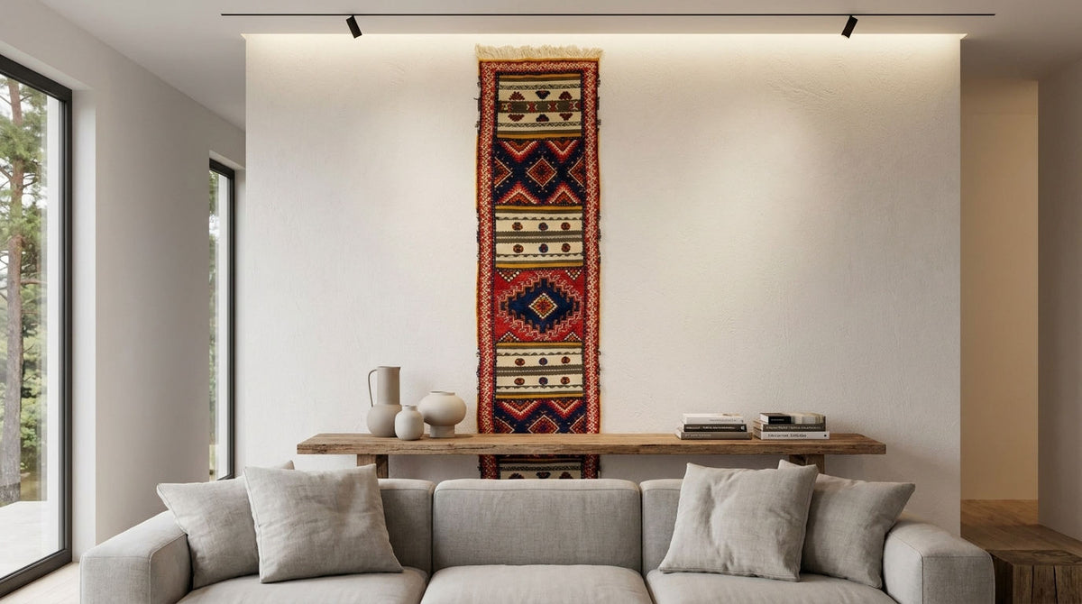 A long vertical woven wall hanging with a geometric Southwestern-style pattern in red, blue, beige, and black, displayed in a modern living room above a light wood console table and a gray sofa.