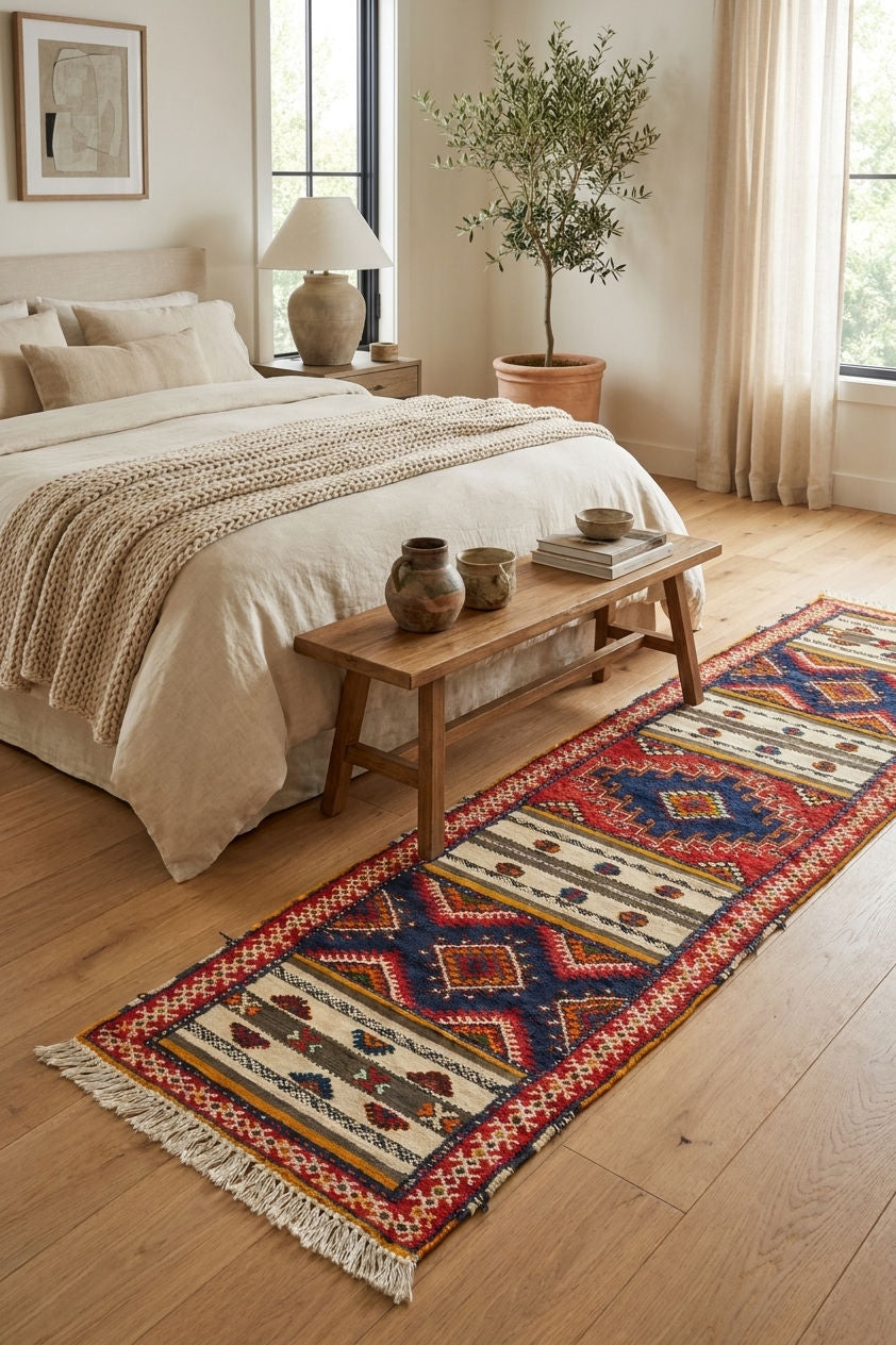A long patterned wool glaoui runner rug in red, blue, beige, and cream is styled on a light wood floor in a bright, modern bedroom next to a bed with neutral bedding and a wooden bench.