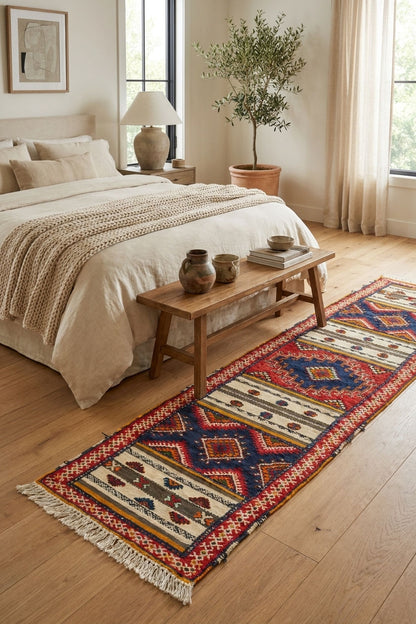 A long patterned wool glaoui runner rug in red, blue, beige, and cream is styled on a light wood floor in a bright, modern bedroom next to a bed with neutral bedding and a wooden bench.