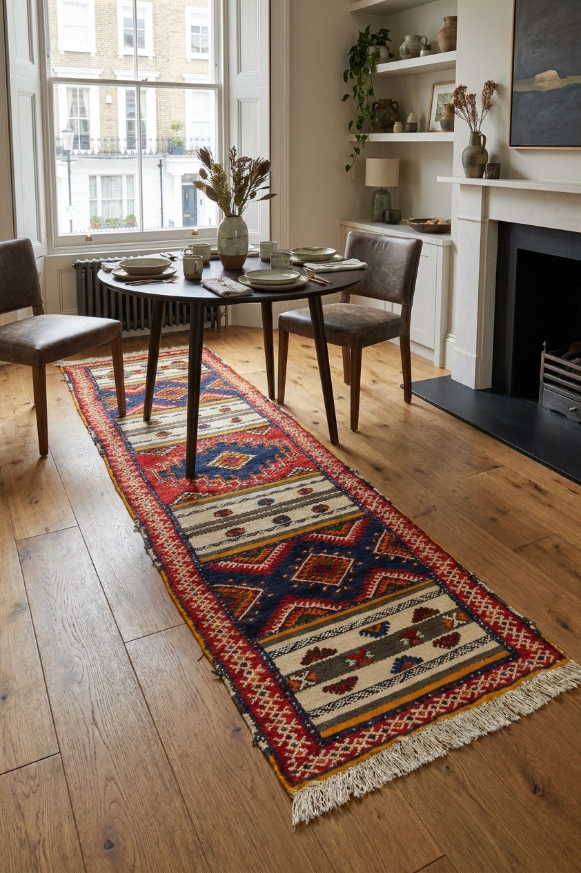 A long patterned area rug with fringe ends is styled on a light wood floor in a dining room setting with a round table, chairs, and a fireplace.
