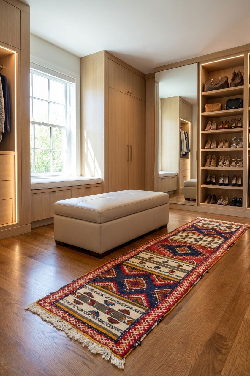 A styled home entryway or dressing room featuring a cream upholstered ottoman centered on a hardwood floor, with a colorful patterned area rug in front. Built-in wood shelving and mirrored cabinets with shoes and garments are visible on both sides, along with a window and warm ambient lighting.