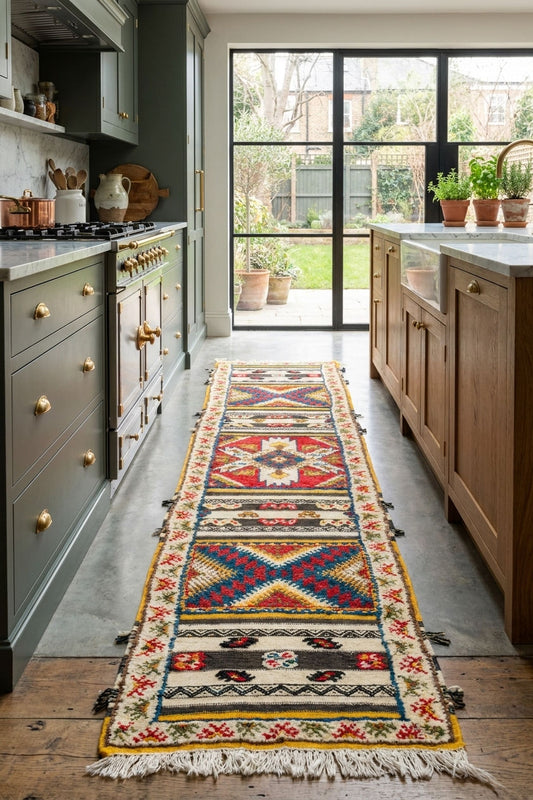 A long, multicolor patterned runner rug with fringe is displayed on a wooden floor in a modern kitchen setting. A Glaoui rug from Morcco.