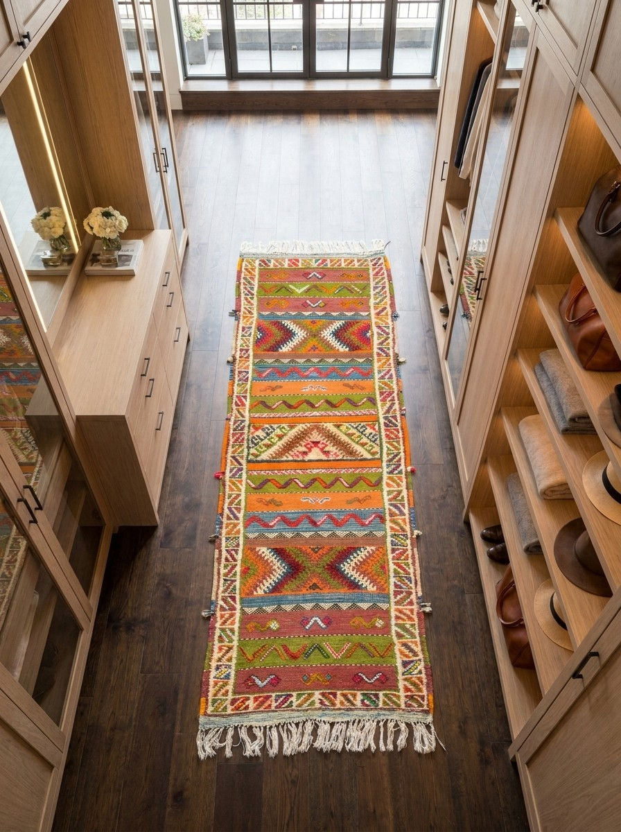 A long, narrow woven runner rug with a colorful geometric pattern and white fringe, displayed on a dark wood floor between tall light wood cabinets.