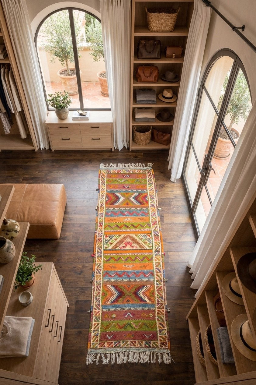 A long, colorful geometric-patterned kilim runner rug with white fringe, displayed on a dark wood floor in a styled walk-in closet room.