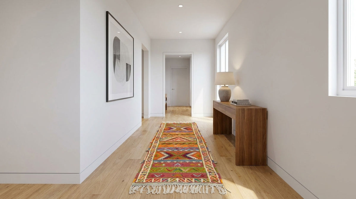 A colorful patterned area rug with fringe is displayed on a light wood floor in a bright, modern hallway with white walls and a wooden console table.