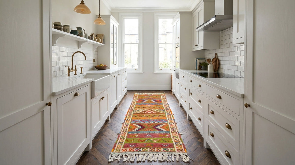 A long kitchen island with white cabinets, white subway tile backsplash, and a colorful geometric patterned runner rug on a dark wood floor.