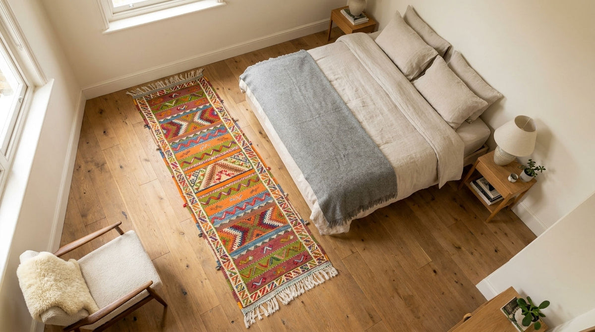 A colorful geometric patterned runner rug with fringe is styled on a light wood floor in a modern bedroom setting next to a bed with neutral bedding.