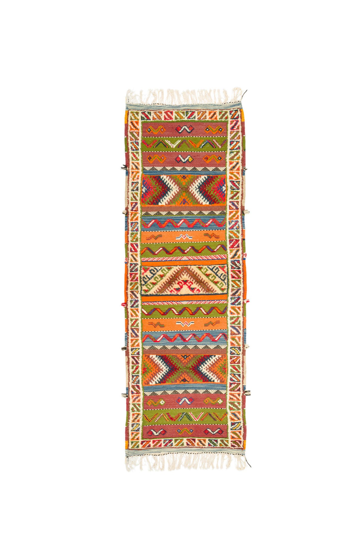 A long, narrow runner Glaoui rug from Morocco with a colorful geometric tribal pattern, featuring cream fringe on both ends, displayed flat against a solid white background.