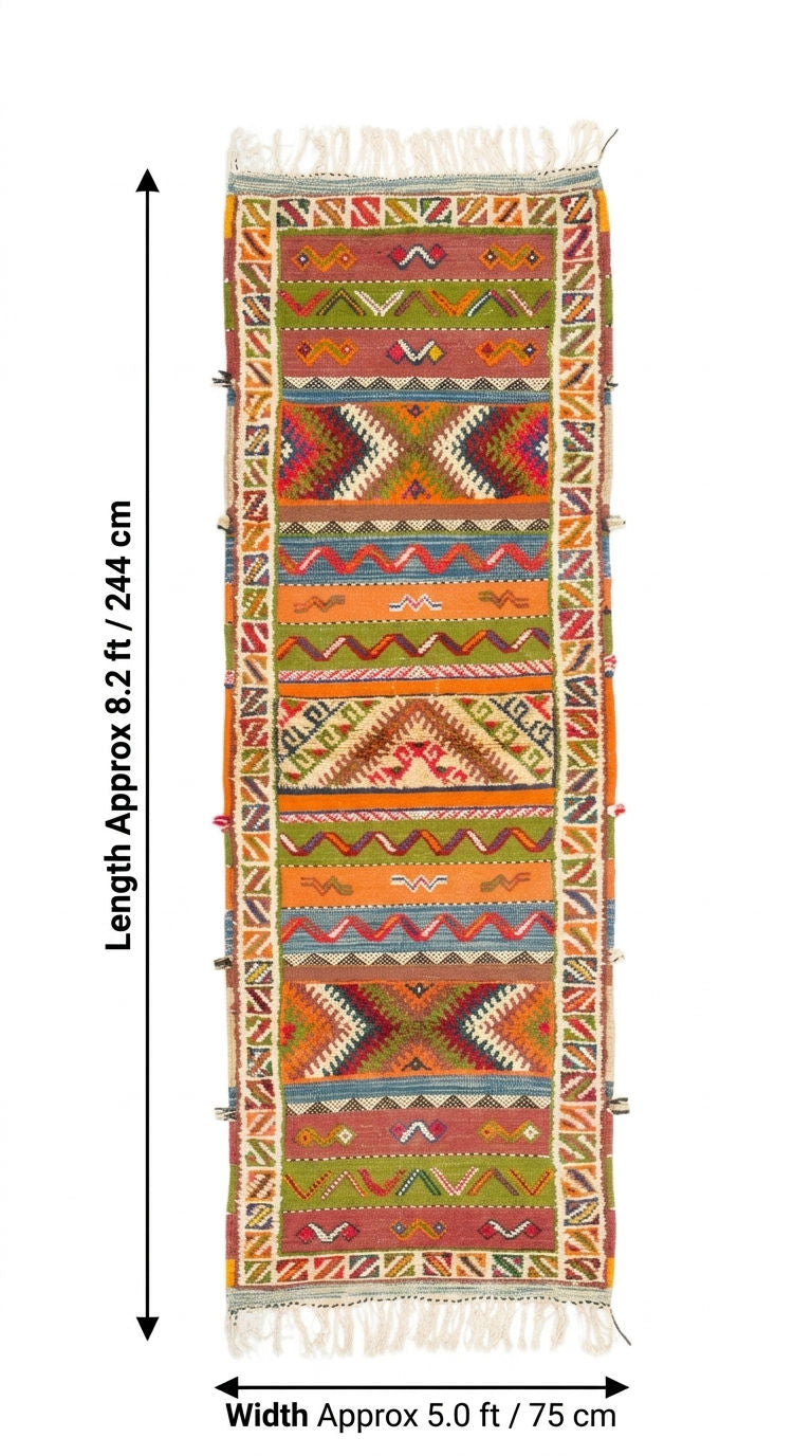 A colorful patterned rug shown flat against a white background with measurement arrows and text indicating a length of approximately 8.2 ft (244 cm) and a width of approximately 5 ft.