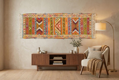 A colorful geometric patterned wall hanging or tapestry displayed in a styled living room above a wooden console table, next to a chair and floor lamp.