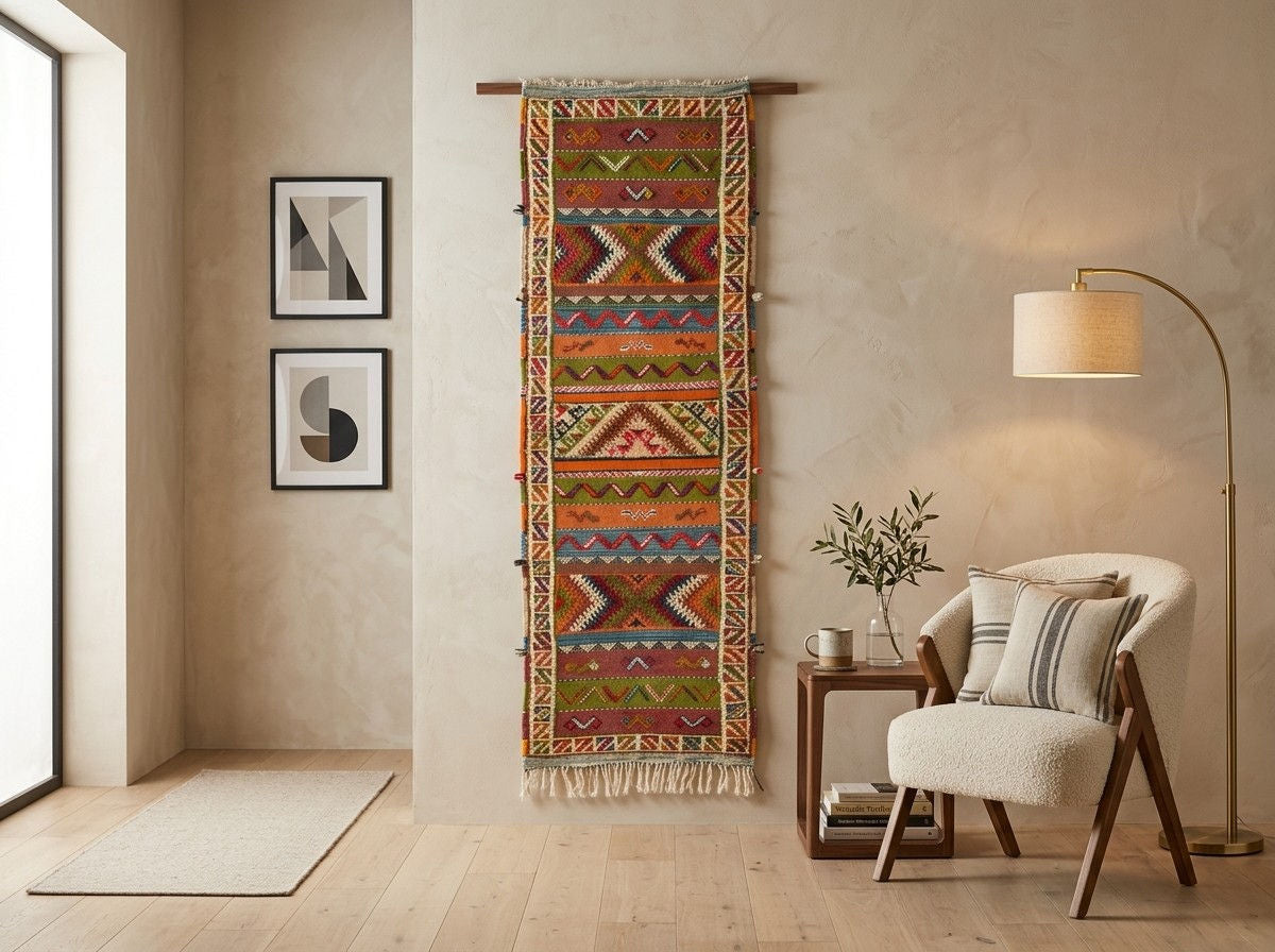 A colorful geometric patterned wall hanging textile with fringe, displayed in a styled room setting next to a white armchair, a side table, and a floor lamp.