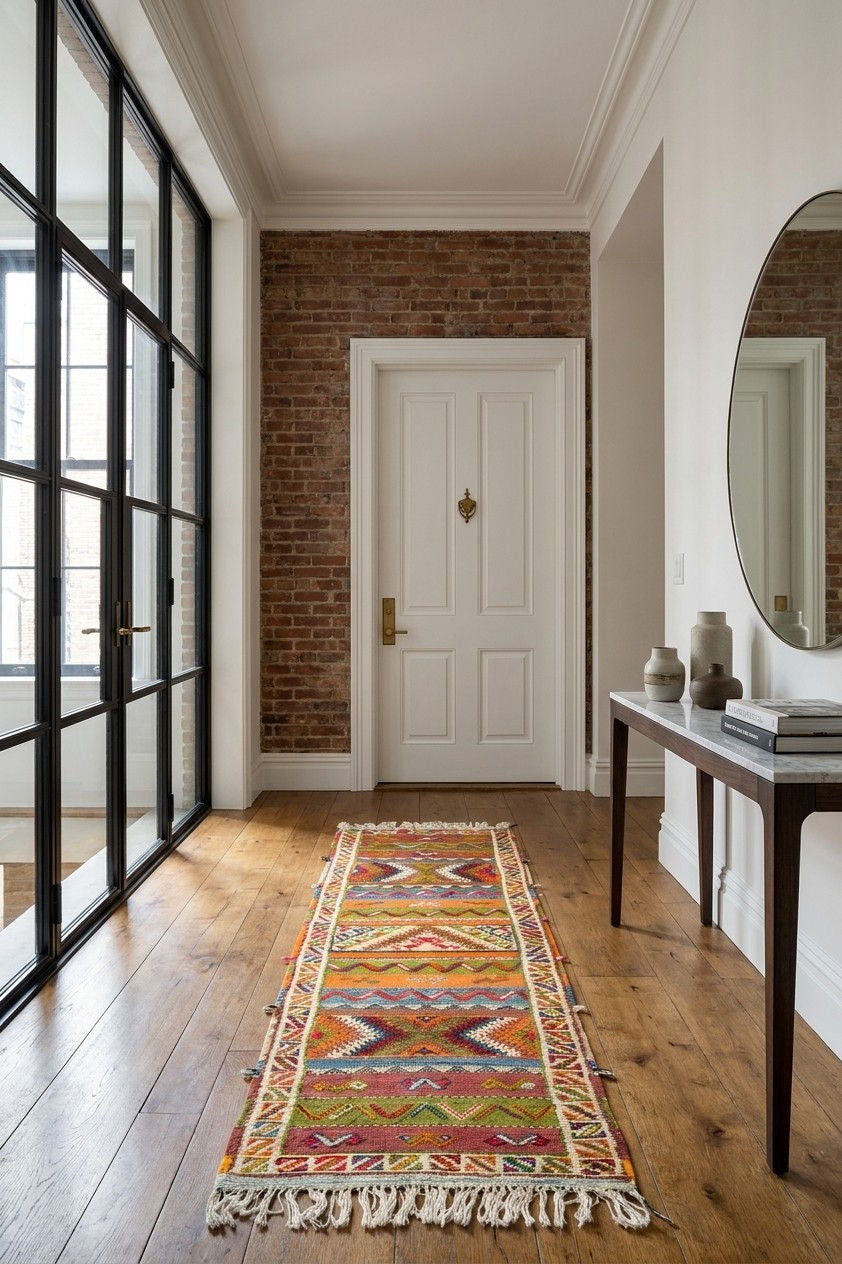 A colorful geometric patterned runner rug with fringe, displayed on a hardwood floor in a bright hallway with a brick wall, white door, and console table.