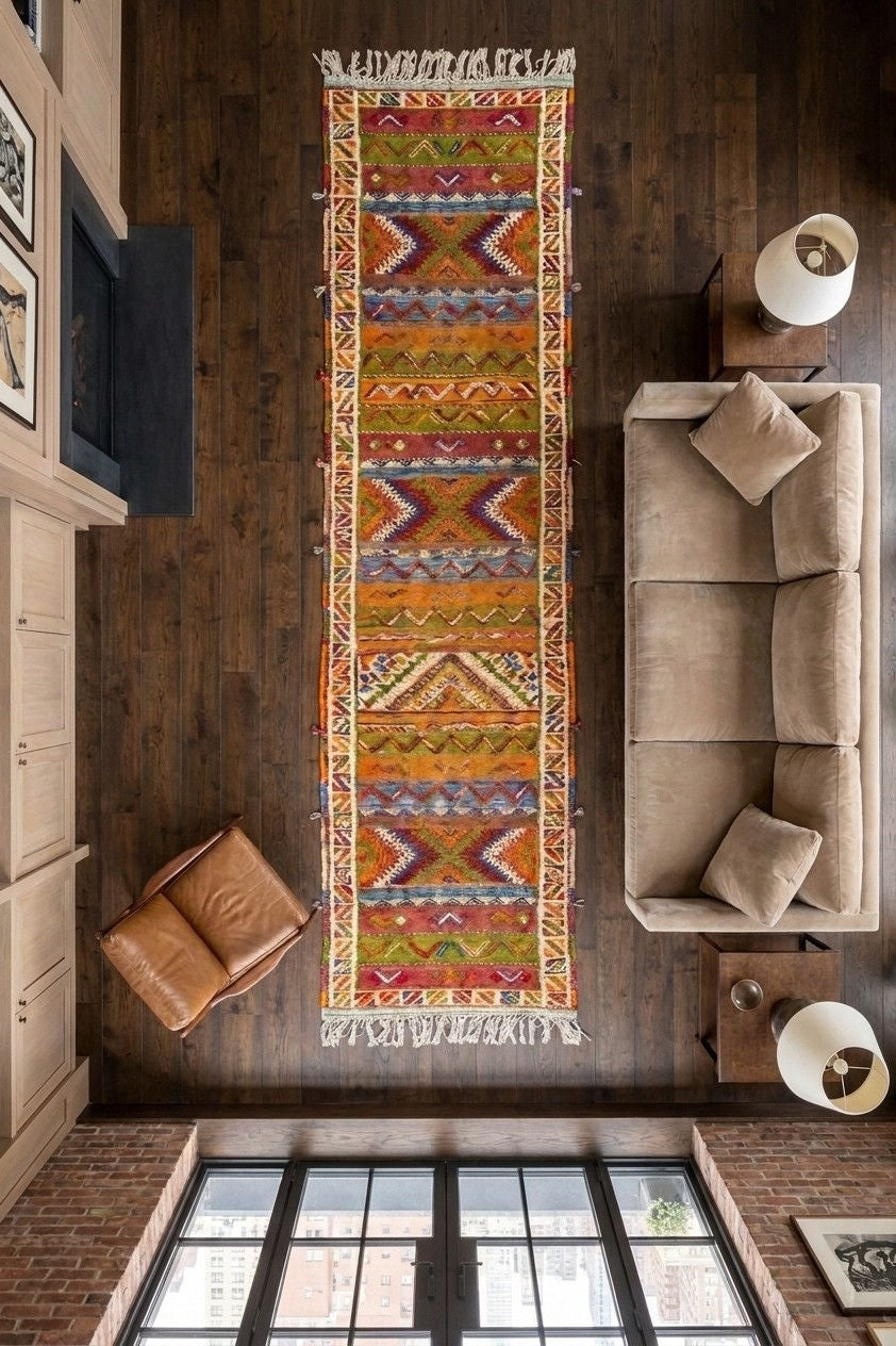 A long rectangular area rug with a colorful geometric tribal pattern is shown from a top-down view in a modern living room setting with dark wood floors, a beige sofa, and a brown leather chair.