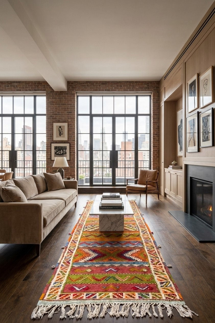 A colorful geometric patterned wool runner rug with white fringe, styled in a modern loft living room with brick walls, a beige sofa, and a fireplace.