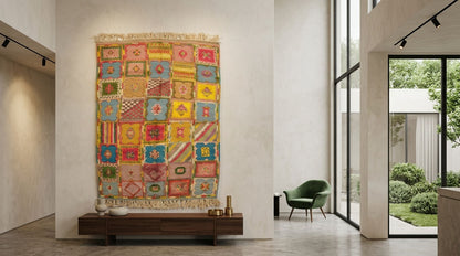 A large, colorful patchwork-style moroccan rug used as  wall hanging or tapestry with cream fringe, displayed in a modern, minimalist interior room with a wooden console table and a green chair.