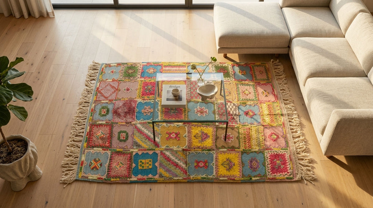 A colorful geometric hand-knotted handwoven moroccan rug with fringe, styled in a modern living room setting on a light wood floor next to a beige sectional sofa.