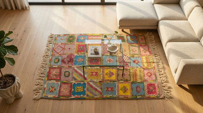 A colorful geometric hand-knotted handwoven moroccan rug with fringe, styled in a modern living room setting on a light wood floor next to a beige sectional sofa.