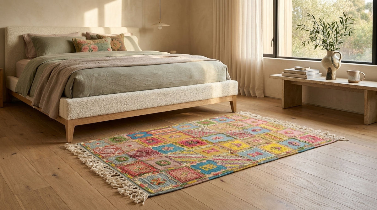 A colorful patchwork-style moroccan rug with fringe is styled on a light wood floor in a bright, modern bedroom with a bed, window, and bench.