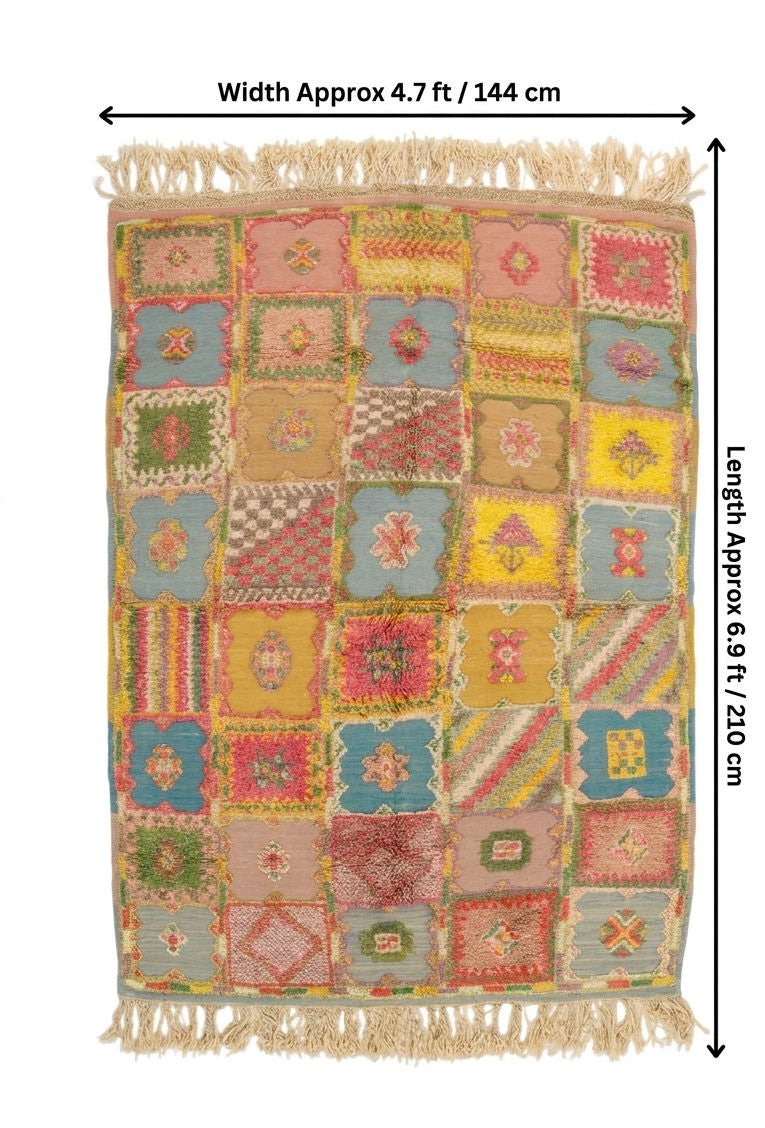 A multicolor patchwork-style woven moroccan rug with fringe on all sides, shown flat against a white background with dimension arrows indicating width approximately 4.7 ft (144 cm) and length approximately 6.