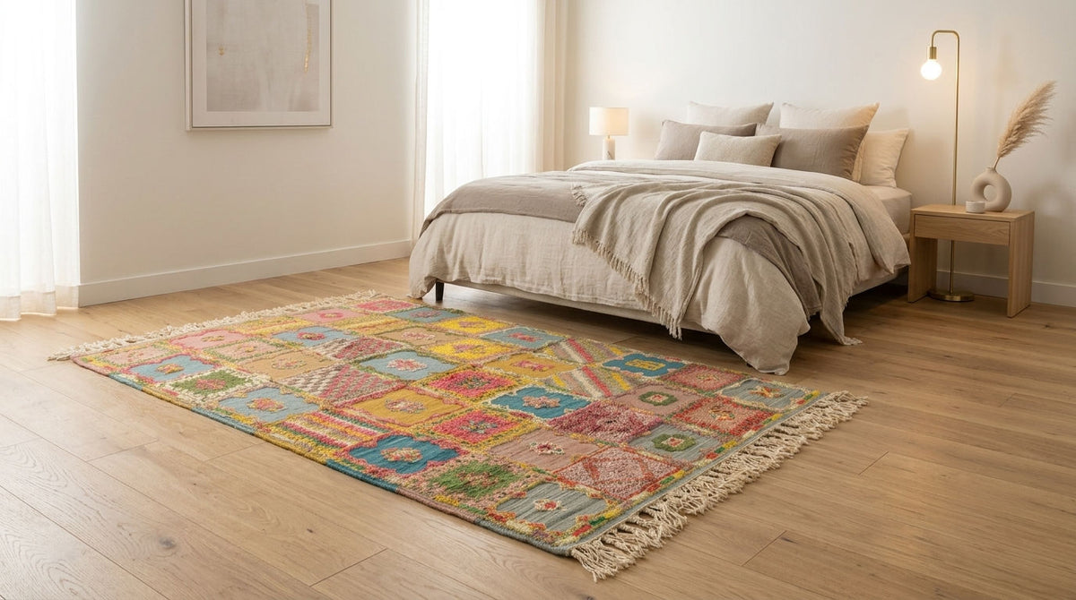A colorful patchwork-style moroccan rug with fringe, styled on a light wood floor in a bright, modern bedroom next to a bed with neutral-toned bedding.