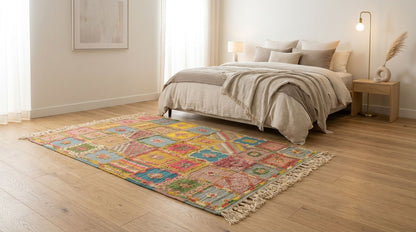 A colorful patchwork-style moroccan rug with fringe, styled on a light wood floor in a bright, modern bedroom next to a bed with neutral-toned bedding.