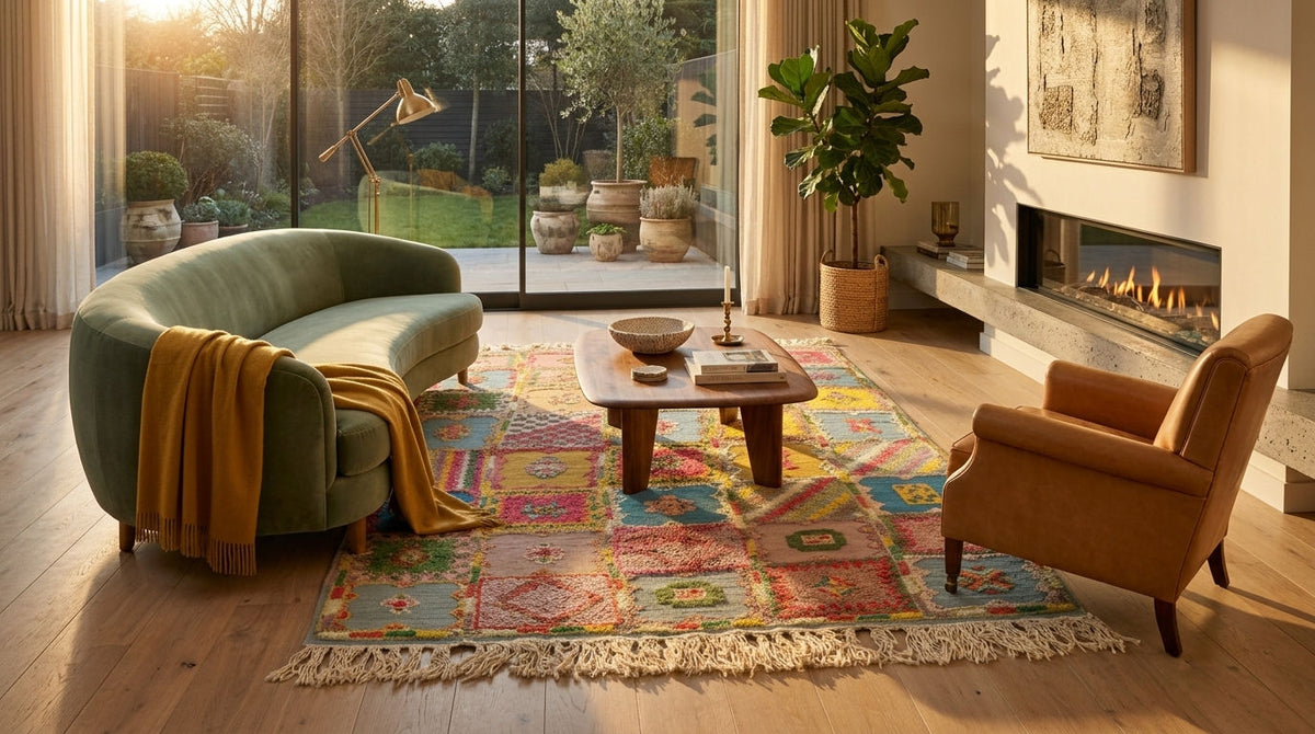 A colorful patterned moroccan rug with fringe is styled in a warm, modern living room with a green curved sofa, a tan armchair, a wooden coffee table, and a fireplace.