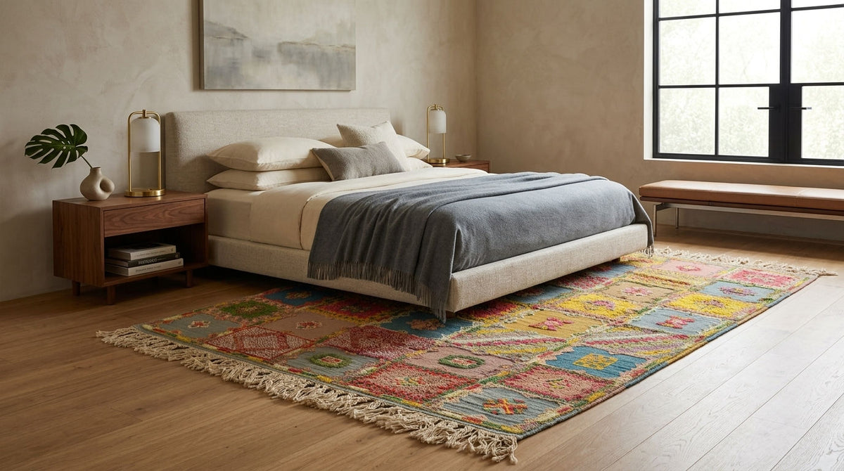 A colorful geometric moroccan rug with fringe, styled in a modern bedroom setting under a bed with neutral bedding.