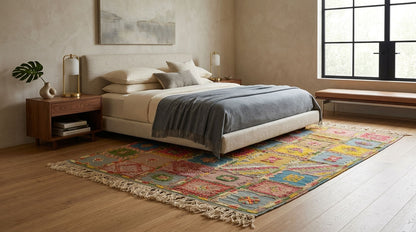 A colorful geometric moroccan rug with fringe, styled in a modern bedroom setting under a bed with neutral bedding.