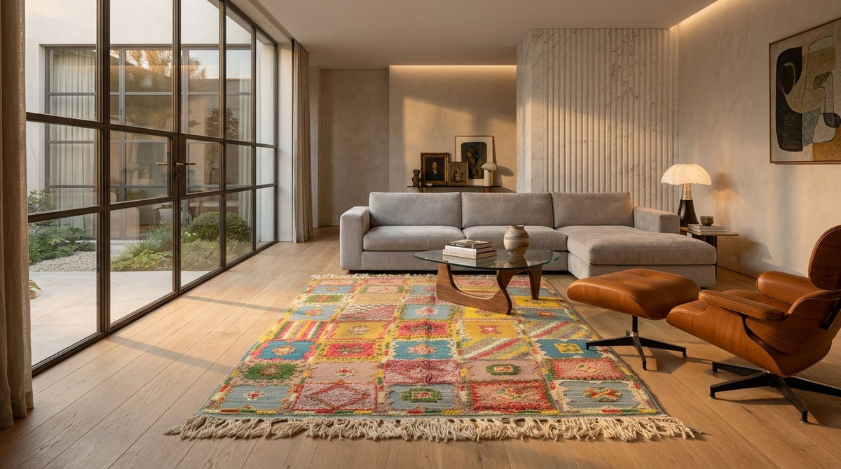 A colorful patchwork-style moroccan rug with fringe, styled in a modern living room with a gray sectional sofa, brown leather lounge chair, and large floor-to-ceiling windows.