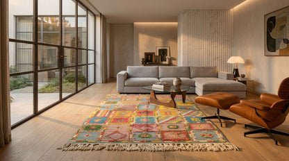 A colorful patchwork-style moroccan rug with fringe, styled in a modern living room with a gray sectional sofa, brown leather lounge chair, and large floor-to-ceiling windows.
