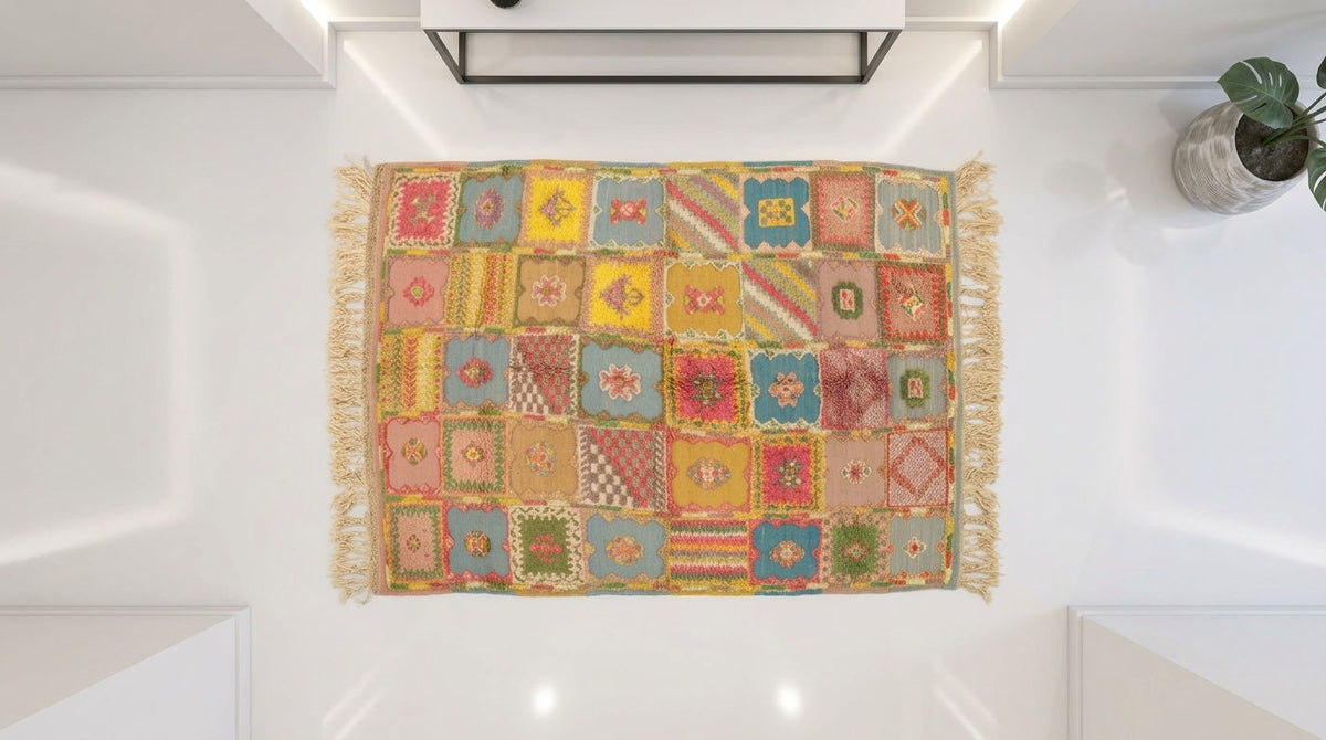 A rectangular woven hand-knotted moroccan rug with fringe, featuring a patchwork design of colorful geometric and floral squares in yellow, blue, pink, red, and green, shown from a top-down perspective on a white floor.